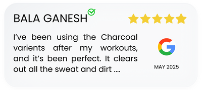 Product review with a five-star rating for charcoal variants used after workouts, featuring Bala Ganesh's name and Google logo.