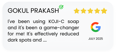 Five-star review for KOJI-C soap by Gokul Prakash with a Google logo and date stamp.