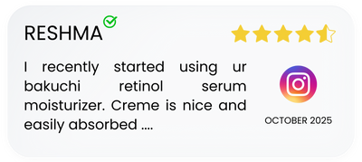 Five-star review for Bakuchi Retinol Serum Moisturizer with a user's name and date on a white background