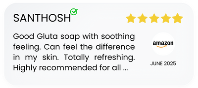 Five-star review for a Gluta soap on Amazon, with a positive description of the product's effects.