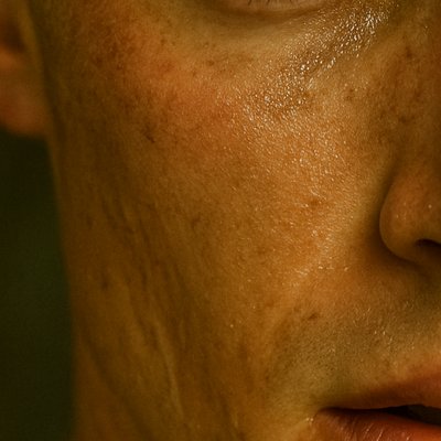Close-up of a person's face with visible skin texture and pores.