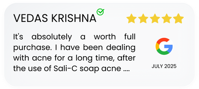 Five-star review for Sali-C soap with a verified user name and date, featuring a Google logo.