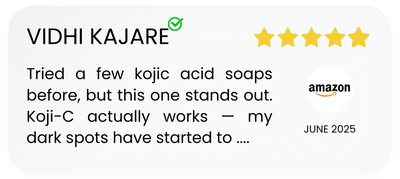 Five-star review for a kojic acid soap on Amazon, written by Vidhi Kajare.
