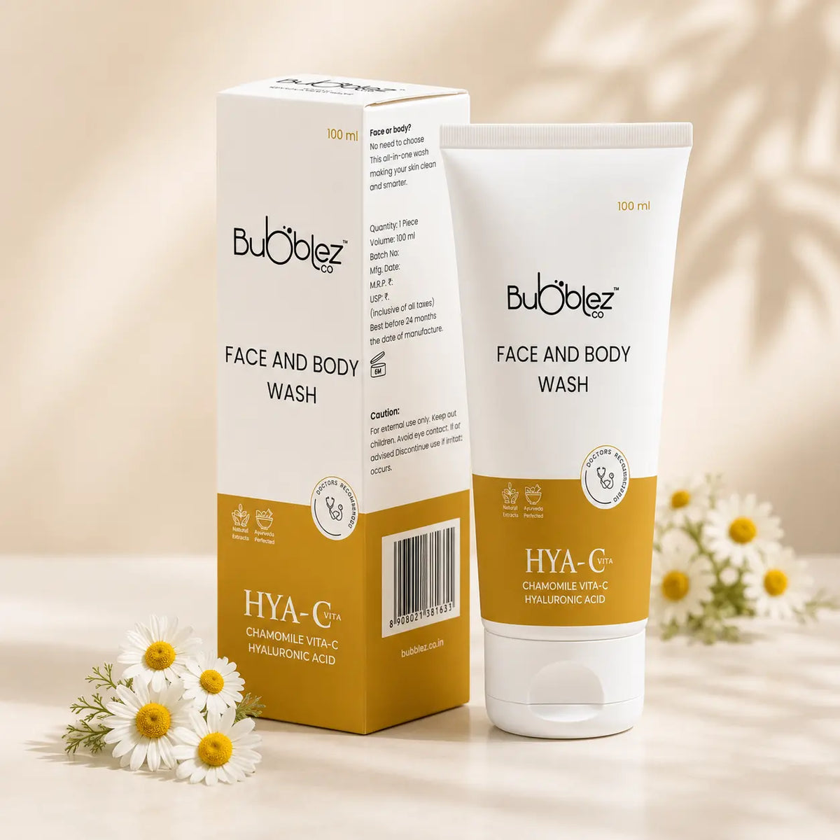Hya-C Face & Body Wash (2 in 1) | Hyaluronic Acid Facewash with Chamomile & Vitamin C for Hydrated, Radiant Skin Bubblez Cosmetics