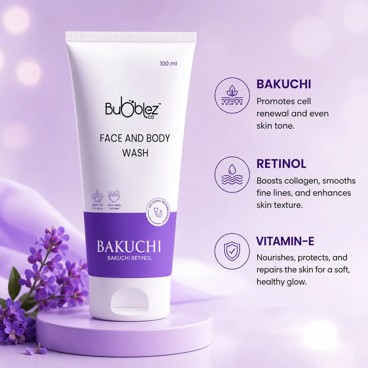Bakuchi + Retinol Face & Body Wash (2 in 1) | A modern ayurvedic Anti-Aging Facewash for Youthful, Glowing Skin Bubblez Cosmetics