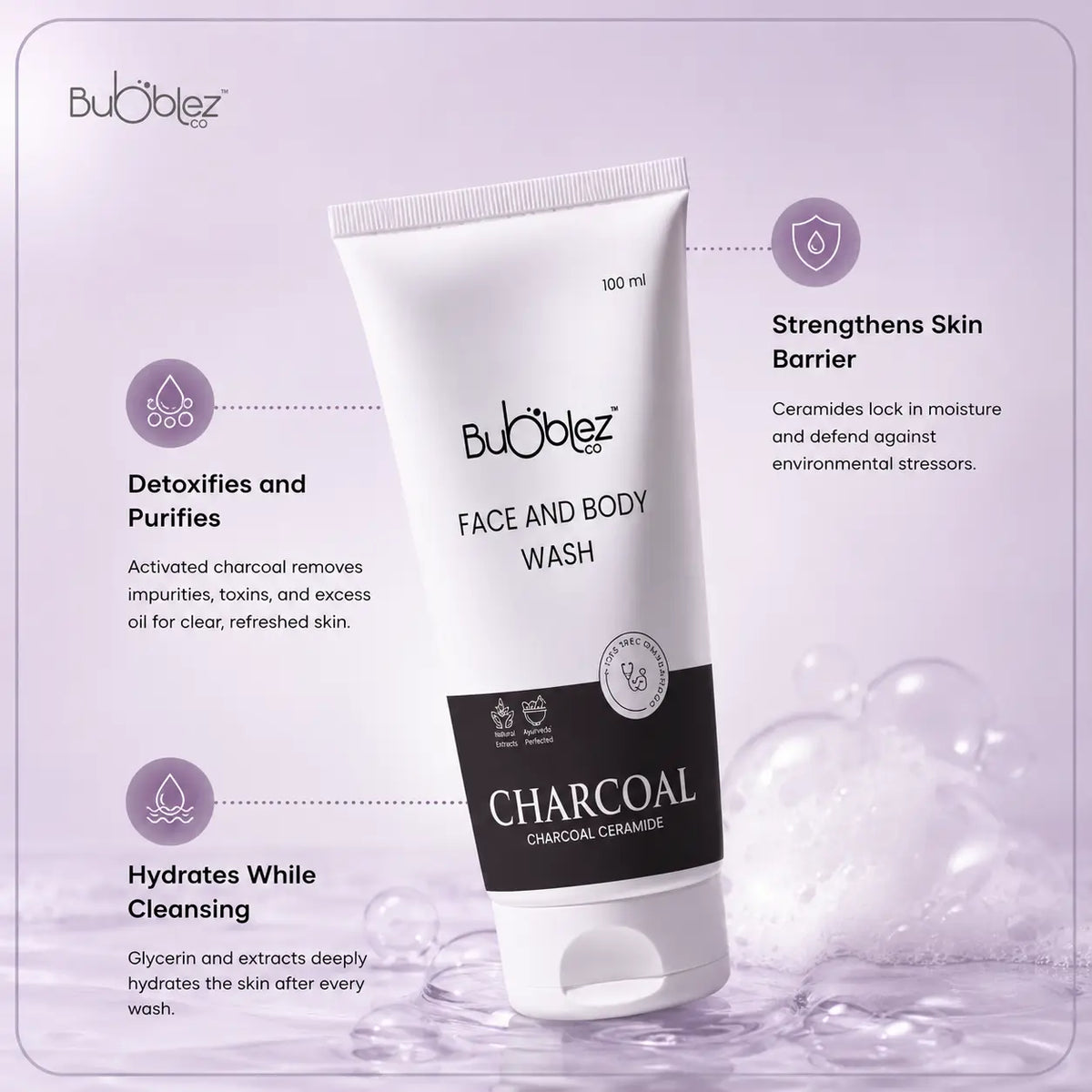 Charcoal Ceramide Face & Body Wash (2 in 1) | Activated Charcoal Face Wash & Ceramide Cleanser for Detoxed, Clear Skin Bubblez Cosmetics
