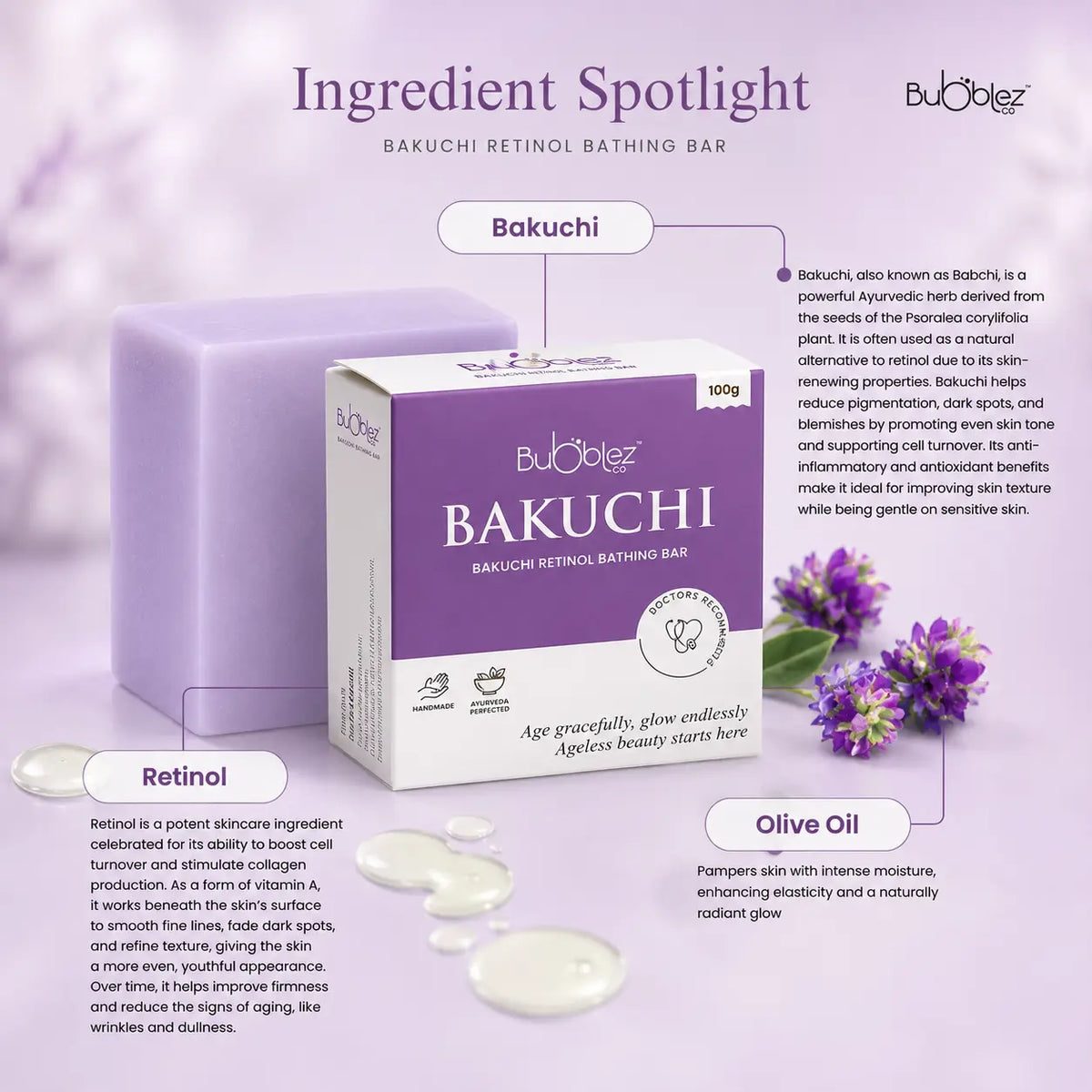 Bakuchi + Retinol Bathing Bar | A modern ayurvedic Anti-Aging Soap for Youthful, Glowing Skin Bubblez Cosmetics