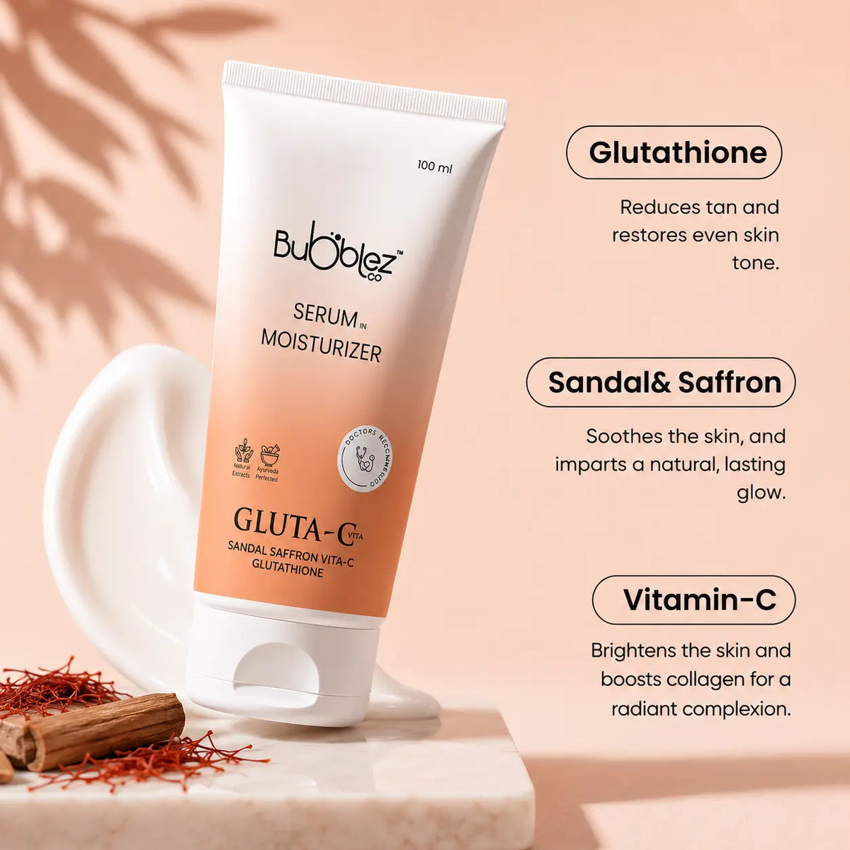 Gluta-C Glutathione Serum Moisturizer (2 in 1) | Sandal, Saffron & Vitamin C for Tan Removal & Glowing Skin Bubblez Cosmetics