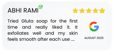 Five-star review for Gluta soap with a Google logo, indicating the review is from August 2025.
