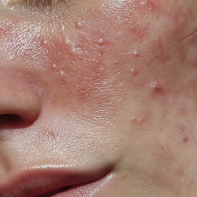 Close-up of a person's face with visible acne on the skin