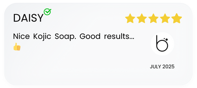 Product review for Kojic Soap with a five-star rating, text, and date.