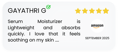 Five-star product review for a serum and moisturizer on Amazon with a positive description.
