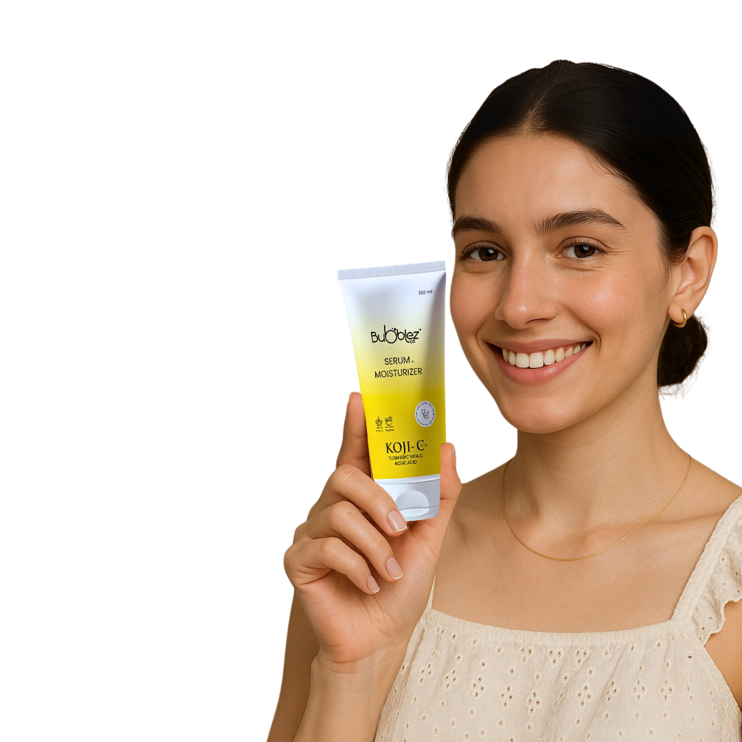 Woman holding Bubblez Kojic acid Serum Moisturizer  product with a white background