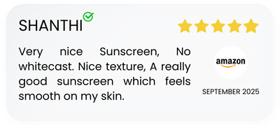 Five-star Amazon review for Shanthi sunscreen with positive text and rating.