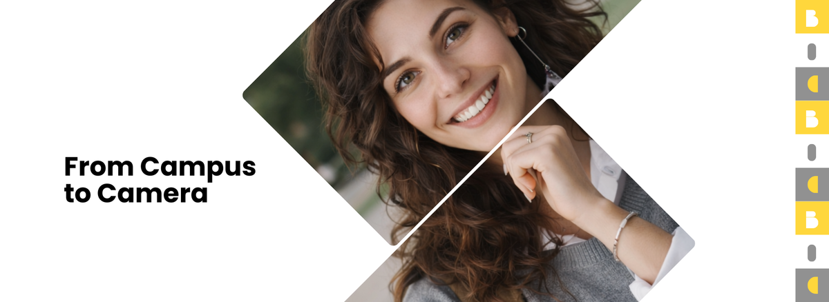 Woman with text 'From Campus to Camera' on a film strip background