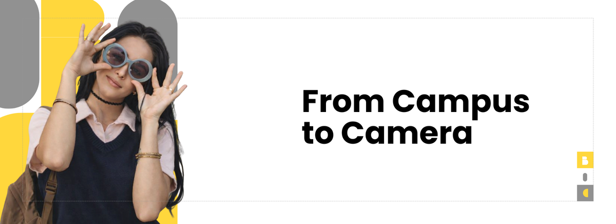 Person holding sunglasses over eyes with 'From Campus to Camera' text and a logo on a white background.