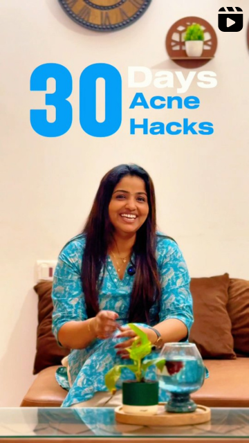 Woman sitting on a couch with '30 Days Acne Hacks' text above her.