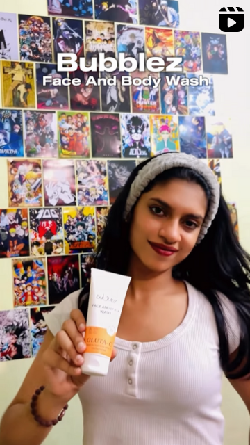 Woman holding a bottle of Bubblez Gluta-C face and body wash in front of a colorful collage background.