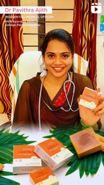 Woman holding a box of 'Gluta-C' with a stethoscope, surrounded by similar boxes on a leafy background.