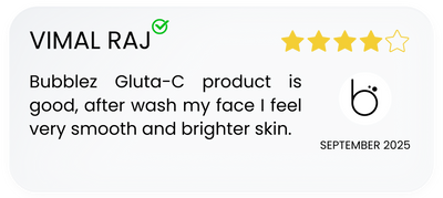 Product review for Bubblez Gluta-C with a five-star rating and text about skin improvement.